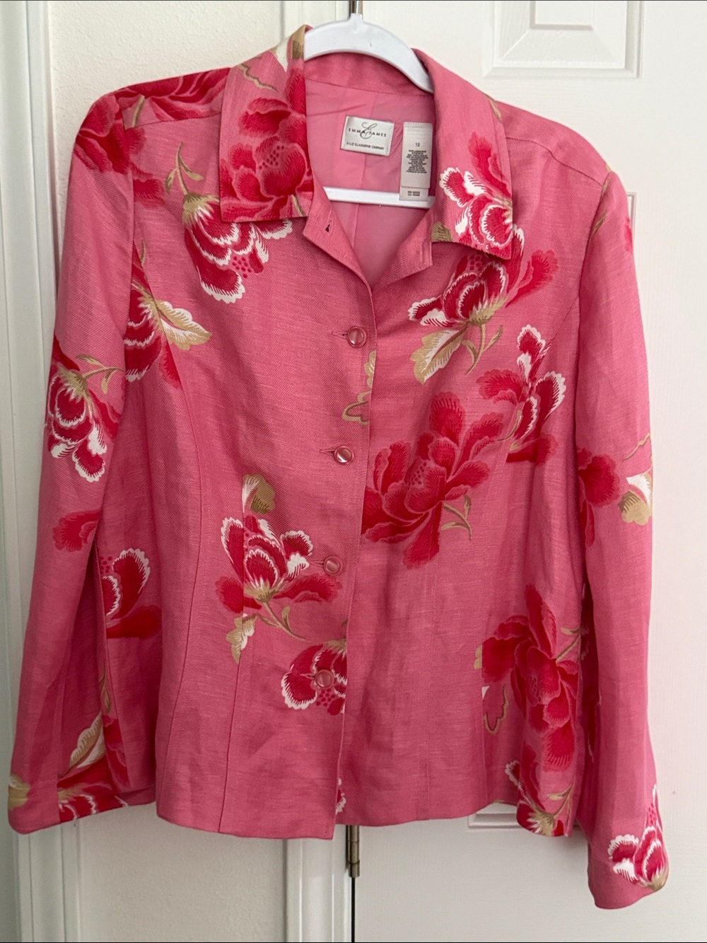 Emma James by Liz Claiborne Pink, Floral, Linen Blend, Button Front Jacket. 12